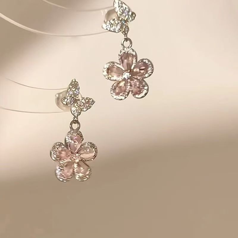 Pink butterfly and flower earrings