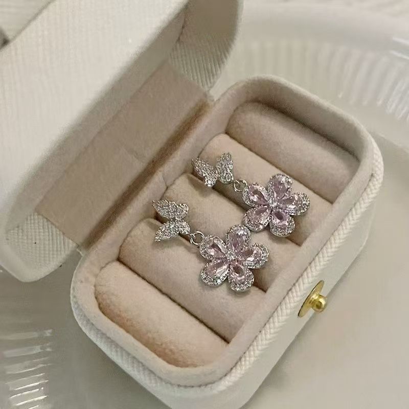 Pink butterfly and flower earrings
