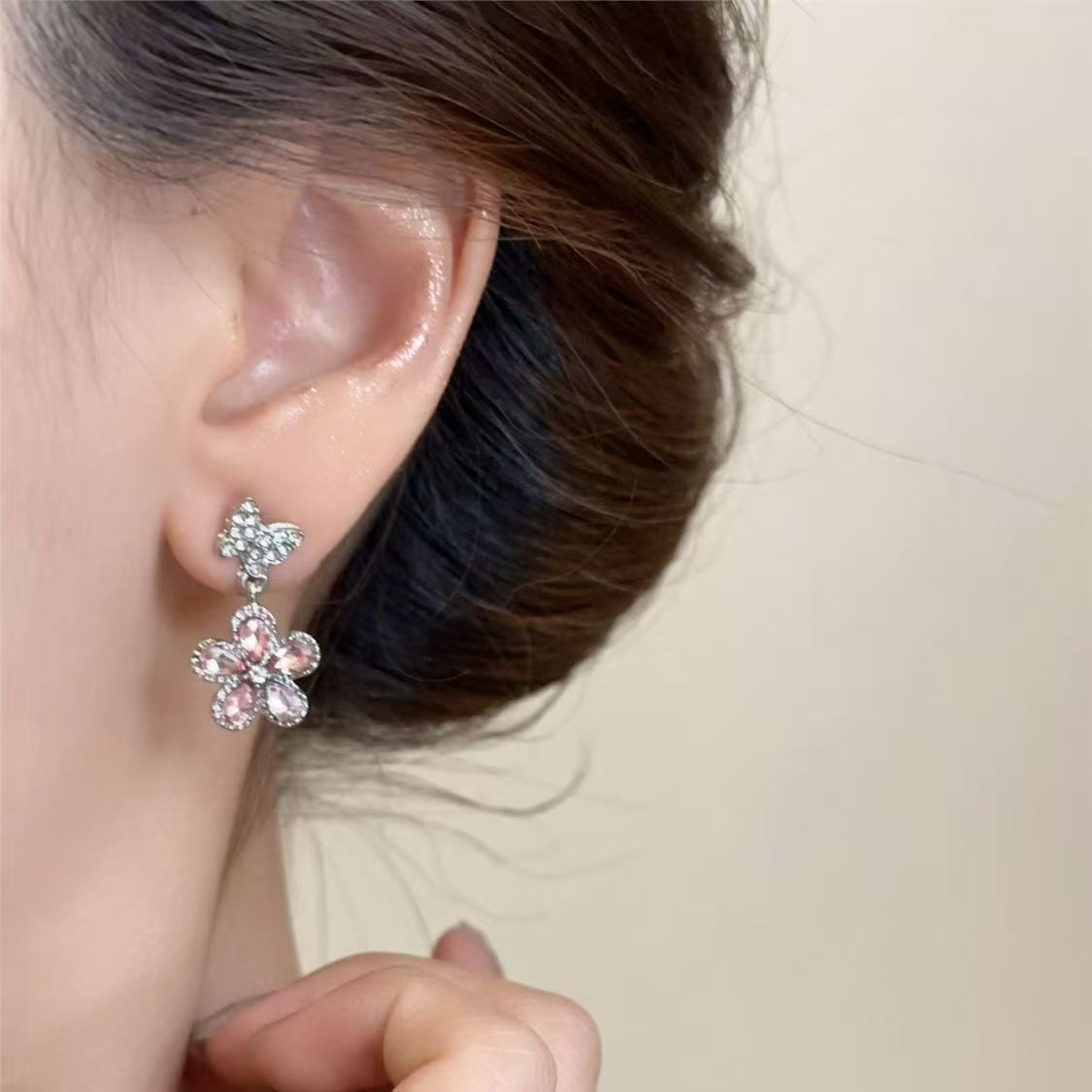 Pink butterfly and flower earrings