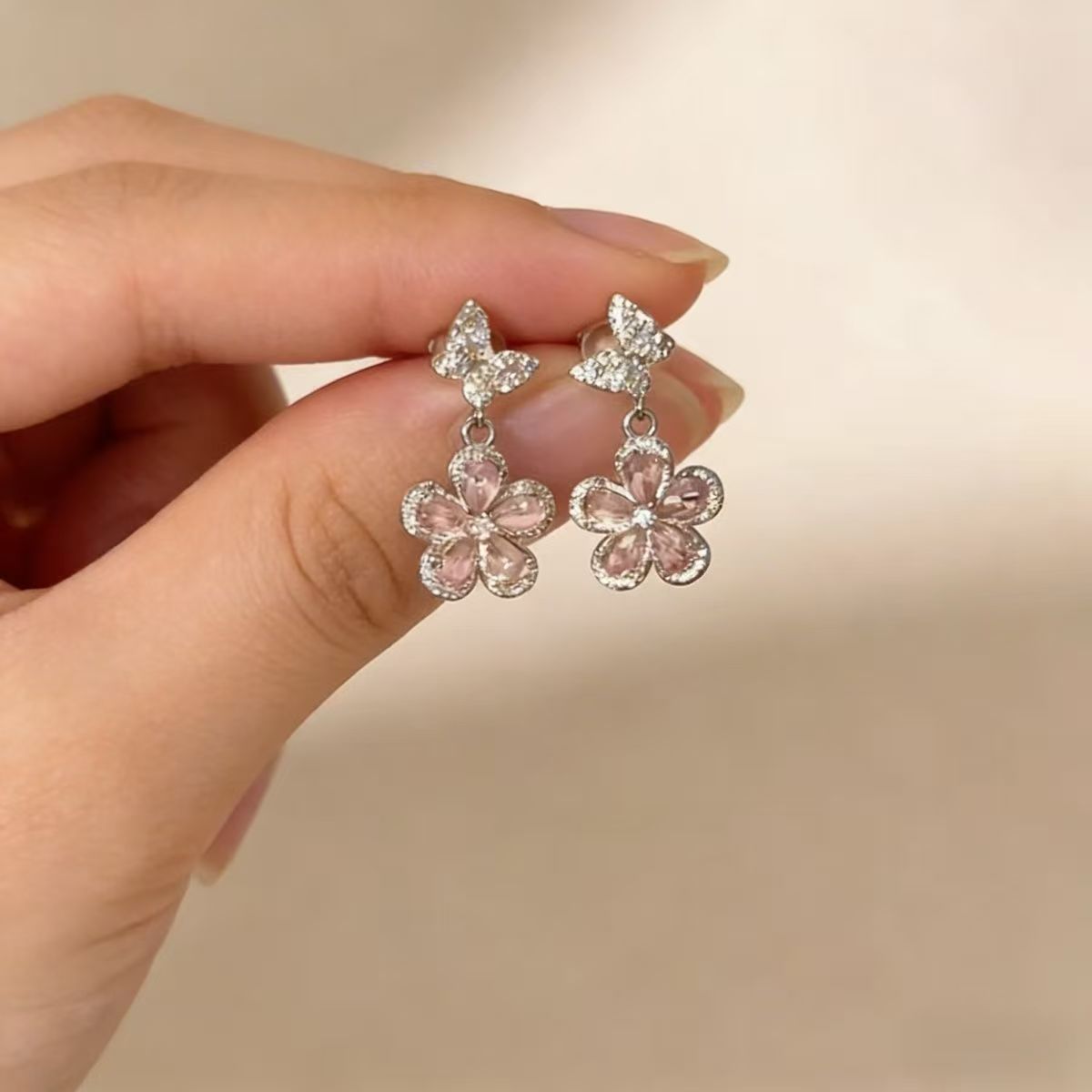 Pink butterfly and flower earrings