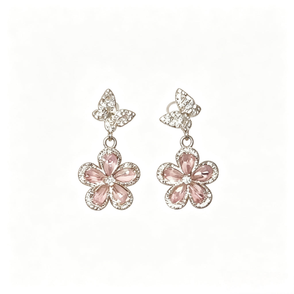 Pink butterfly and flower earrings