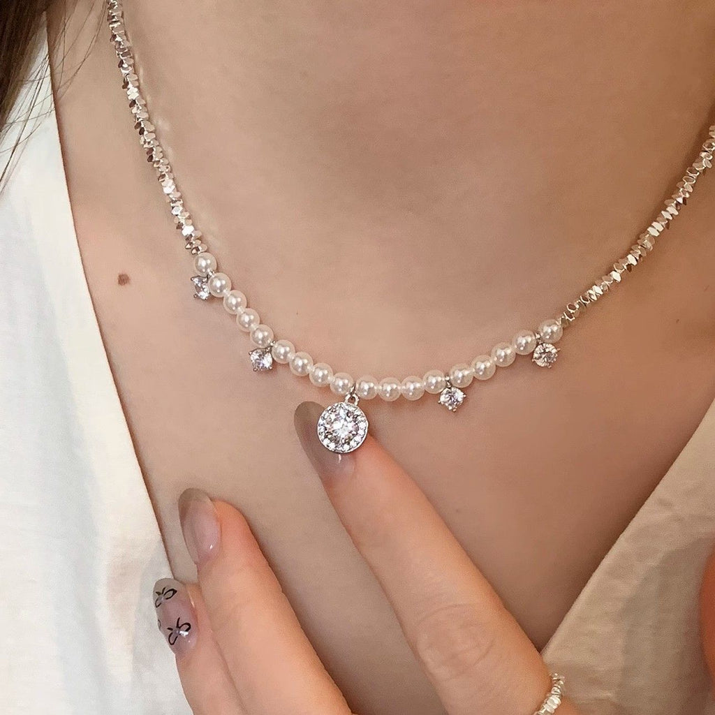 Silver Pearl Round Pendant Necklace