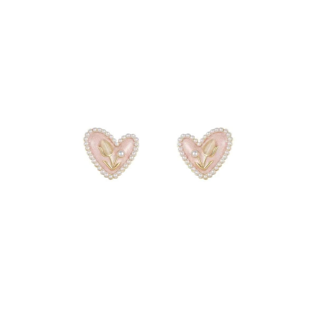 Pink Tulip Pearl Stud Earrings