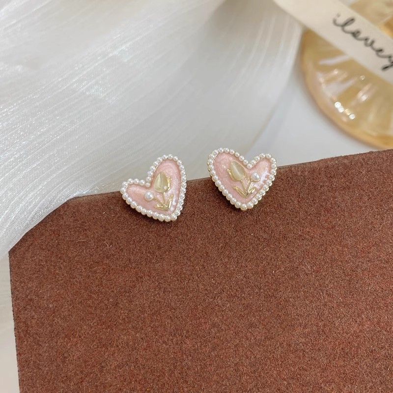 Pink Tulip Pearl Stud Earrings