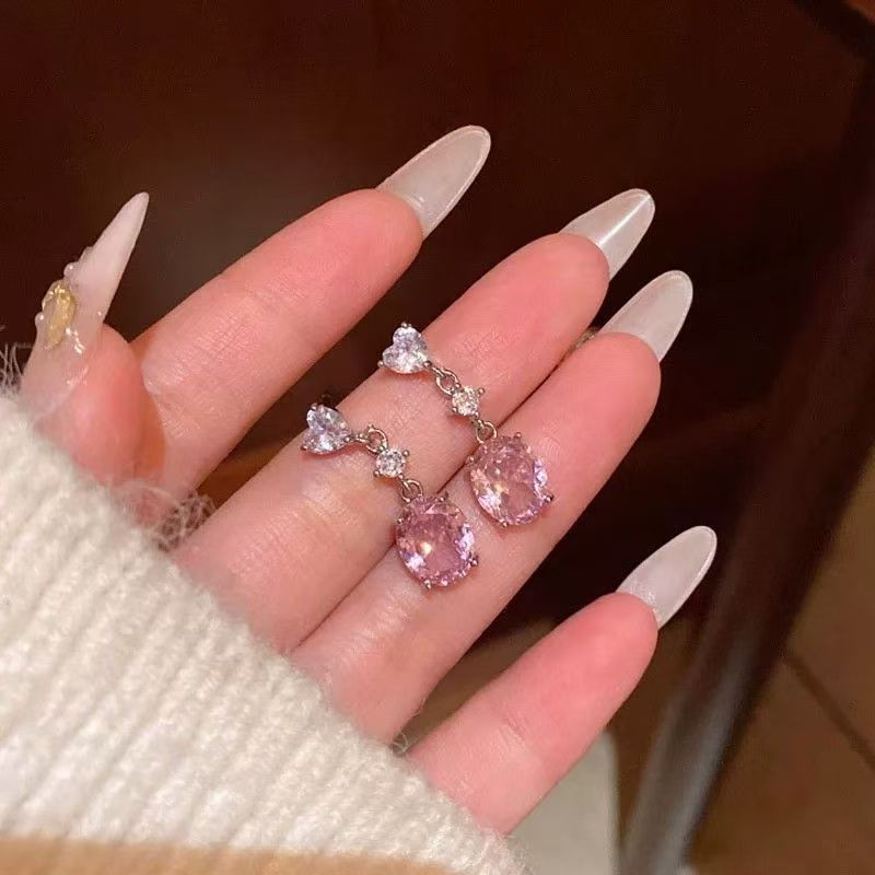 Pink Zirconia Heart Oval Earrings