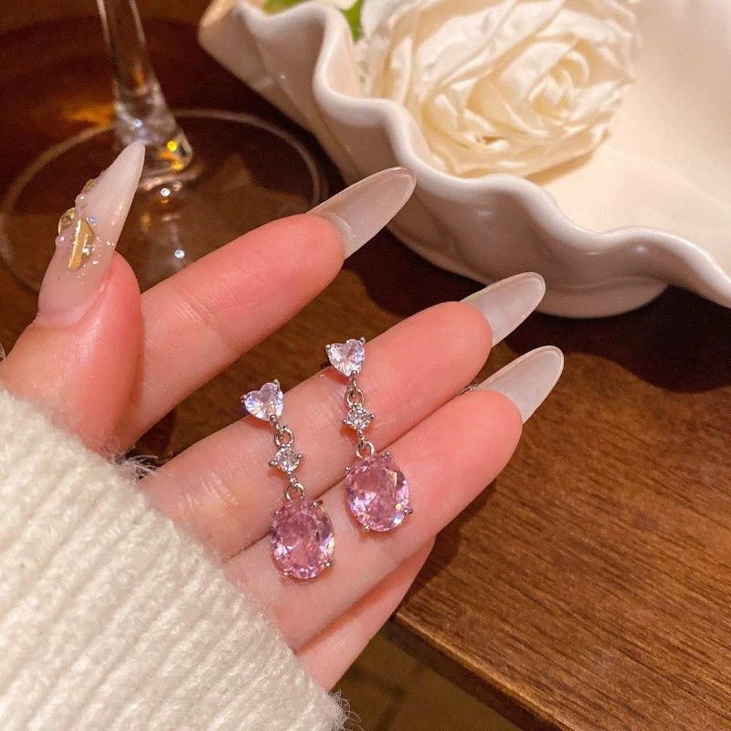 Pink Zirconia Heart Oval Earrings
