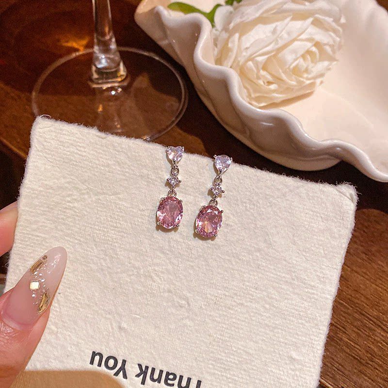 Pink Zirconia Heart Oval Earrings