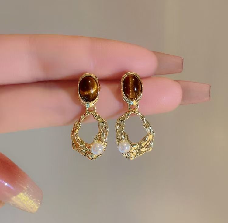 Textured Amber and Pearl Earrings