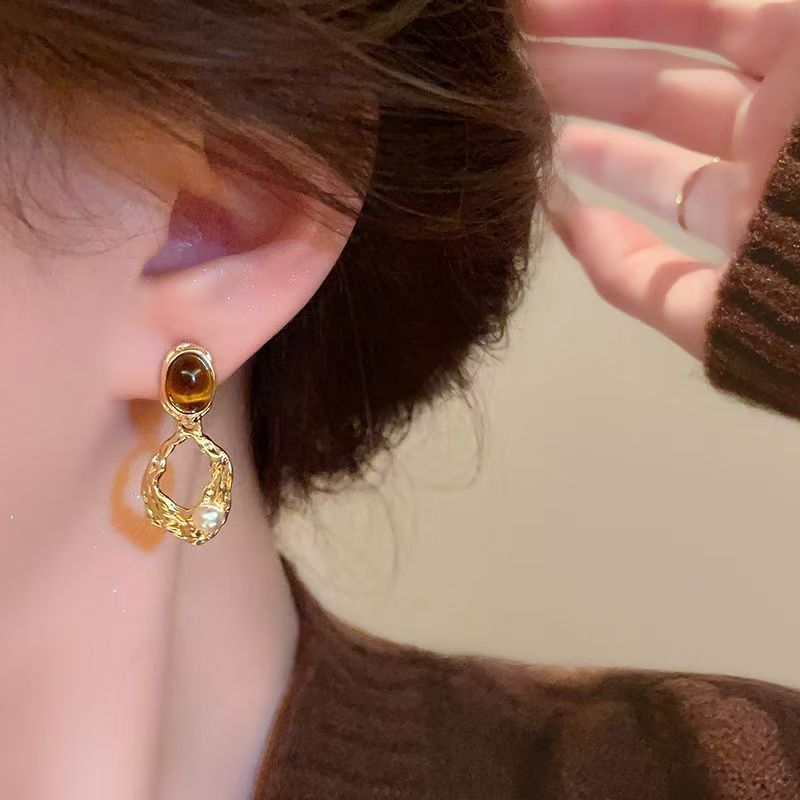Textured Amber and Pearl Earrings