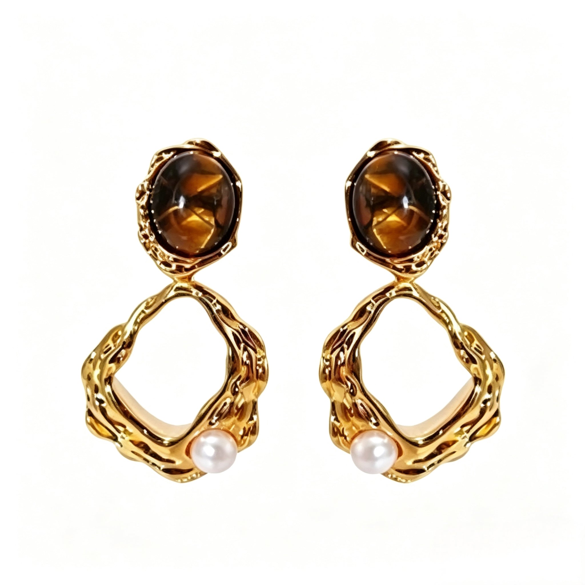 Textured Amber and Pearl Earrings