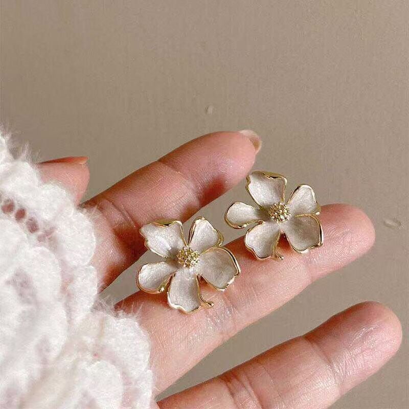 White Enamel Flower Earrings