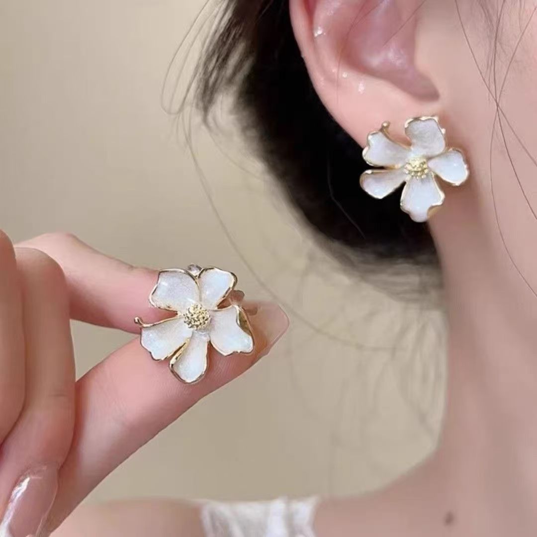 White Enamel Flower Earrings