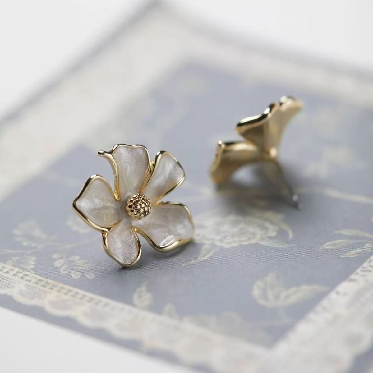 White Enamel Flower Earrings